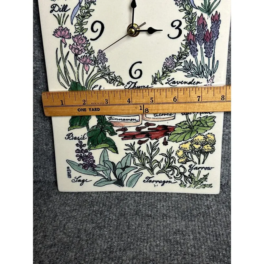 Vintage Santa Barbara Ceramic pottery wall clock TESTED herbs garden ribbon 12x8